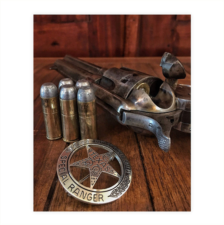 Texas Ranger Badge, Bullets &amp; Revolver- Western Photo Print- 8 x 10" Wall Art-Ready to Frame. Retro Western Decor for Home-Office-Garage-Man Cave-Bar. Perfect Collectible for Lawmen &amp; Outlaws.