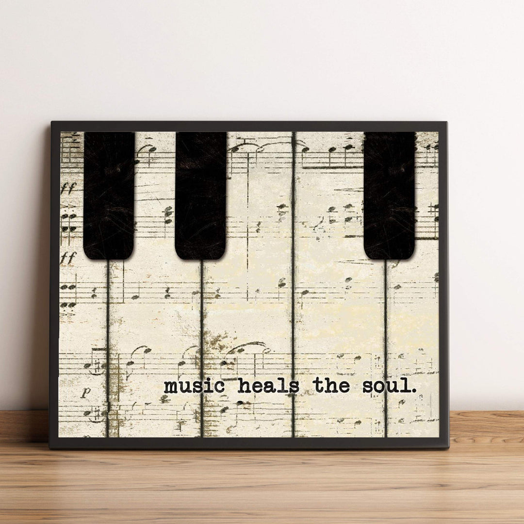 Music Heals The Soul- 8 x 10 Wall Art Print- Ready To Frame Typography Print of Piano Keys. Home Decor- Music Decor. Perfect for Musicians, Studios &amp; Everyone Soothes their Soul with Great Sounds!