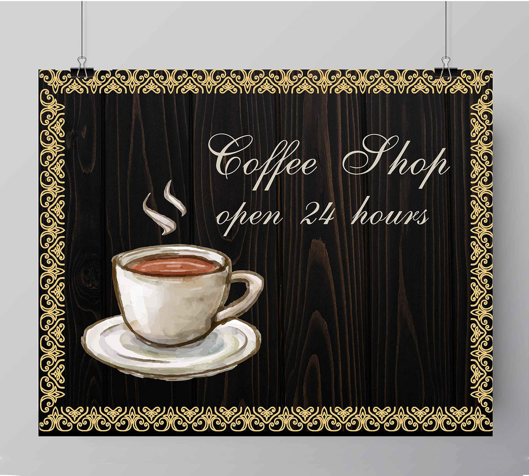 Coffee Shop-Open 24 Hours Vintage Coffee Wall Art Sign -10 x 8" Retro Poster Print-Ready to Frame. Perfect Wall Decor for Home-Kitchen-Farmhouse-Office-Cafe-Java Bar. Great Gift for Coffee Lovers!