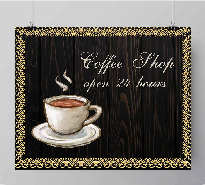 Coffee Shop-Open 24 Hours Vintage Coffee Wall Art Sign -10 x 8" Retro Poster Print-Ready to Frame. Perfect Wall Decor for Home-Kitchen-Farmhouse-Office-Cafe-Java Bar. Great Gift for Coffee Lovers!