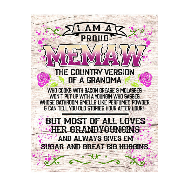 Proud Memaw-Country Version of Grandma Rustic Floral Wall Art -11 x 14" Decorative Farmhouse Print-Ready to Frame. Funny Home-Office-Welcome Decor. Great Gift for Grandmas! Printed on Photo Paper.