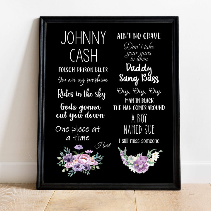 Johnny Cash-Greatest Hits Wall Art Sign -11 x 14" Song Titles Floral Poster Print -Ready to Frame. Rustic Decor for Home-Studio-Bar-Dorm-Cave. Great Gift for All Country Music Fans!