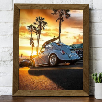 Beetle Car at the Beach Inspirational Beach Sunset Photo Decor -8 x 10" Retro Car Wall Art Print with Surfboard Image -Ready to Frame. Ocean Themed Decoration for Home-Office-Dorm-Beach House!