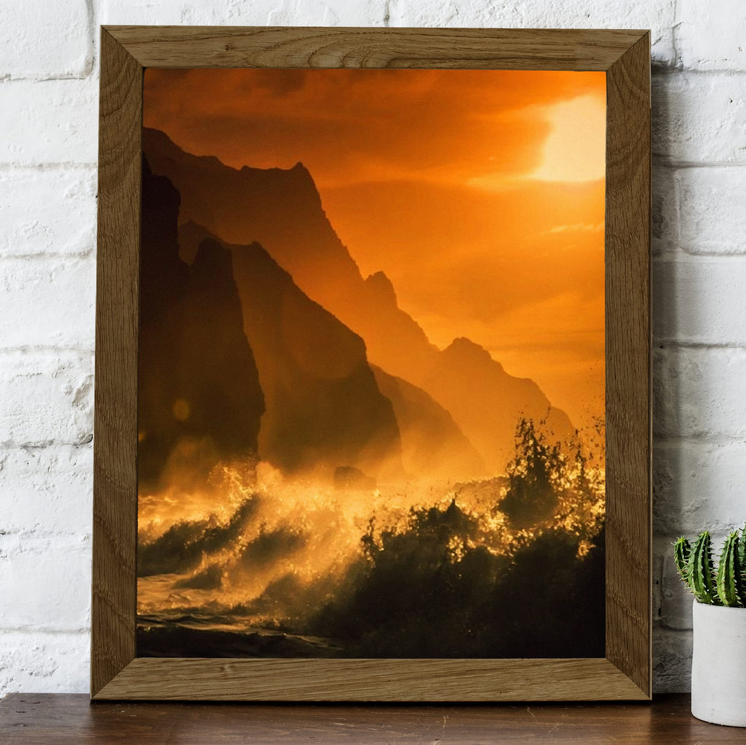 Sunset Beach with Waves Inspirational Ocean Wall Art -8 x 10" Beach &amp; Coastal Picture Print -Splashing Waves in the Sunset -Ready to Frame. Perfect Home-Bedroom-Office-Studio-Beach House Decor.