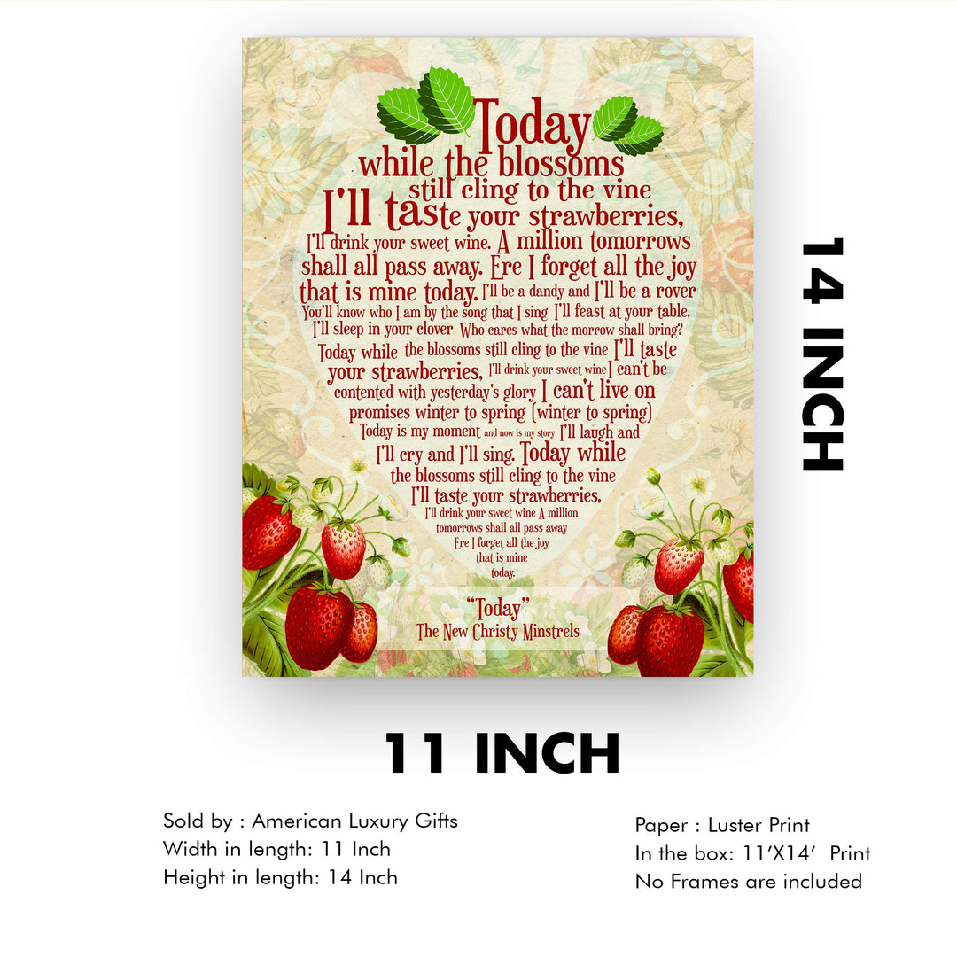 The New Christy Minstrels-"Today" Song Lyric Wall Art-11 x 14" Rustic Music Print-Ready to Frame. Typographic Strawberries Design. Home-Studio-Bar-Cave Decor. Great Gift for All Folk Music Fans!