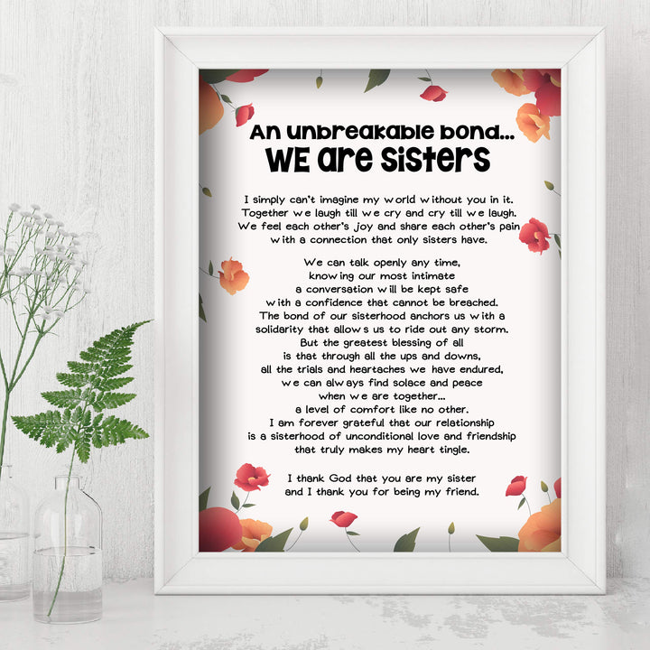 We Are Sisters Inspirational Poem Wall Art -8 x 10" Floral Poster Print-Ready to Frame. Modern Typographic Design. Perfect Home-Office-Studio Decor. Loving, Keepsake Gift for All Sisters!