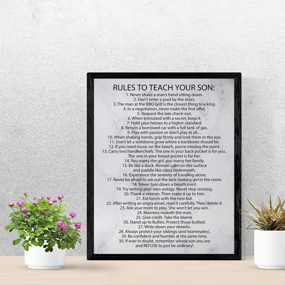 Rules To Teach Your Son Motivational Family Wall Art Sign -11 x 14" Modern Typographic Wall Decor-Ready to Frame. Fun &amp; Inspirational Keepsake for Any Son. Great Graduation Gift!