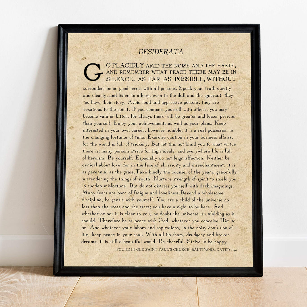Desiderata by Max Ehrmann"- Poetry Wall Art- 11 x 14" Wall Print Decor. Original Poem on Distressed Parchment Print-Ready To Frame. Antique Home-Office-Library Decor. Great Art Gift for Poetry Fans.