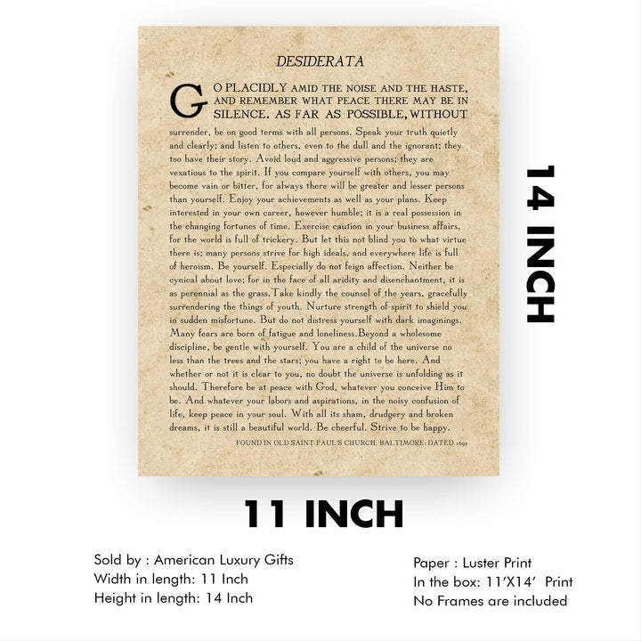 Desiderata by Max Ehrmann"- Poetry Wall Art- 11 x 14" Wall Print Decor. Original Poem on Distressed Parchment Print-Ready To Frame. Antique Home-Office-Library Decor. Great Art Gift for Poetry Fans.