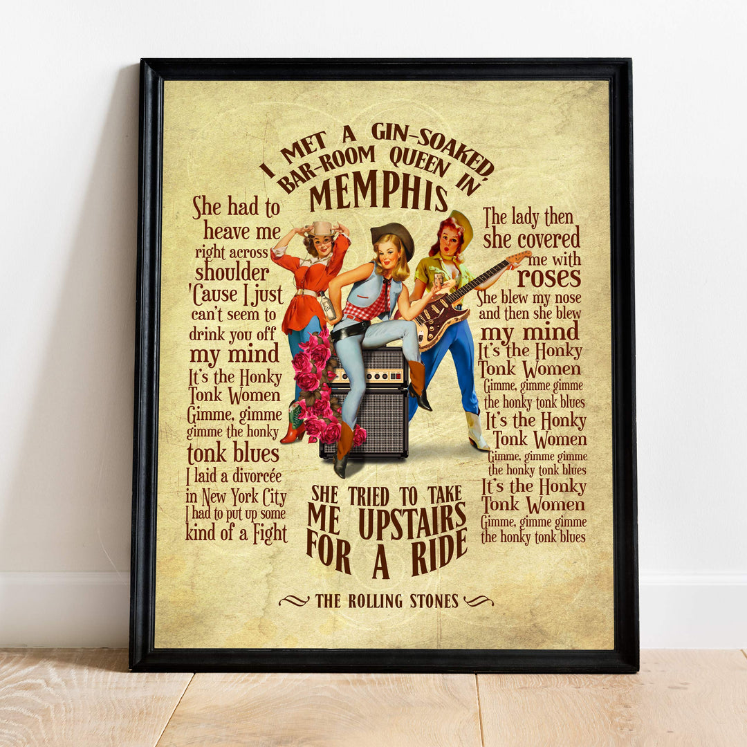 Rolling Stones-"Honky Tonk Women"-Song Lyric Wall Art Sign -11 x 14" Distressed Typographic Music Print-Ready to Frame. Home-Studio-Bar-Man Cave Decor. Perfect for Stones &amp; All Rock Music Fans!