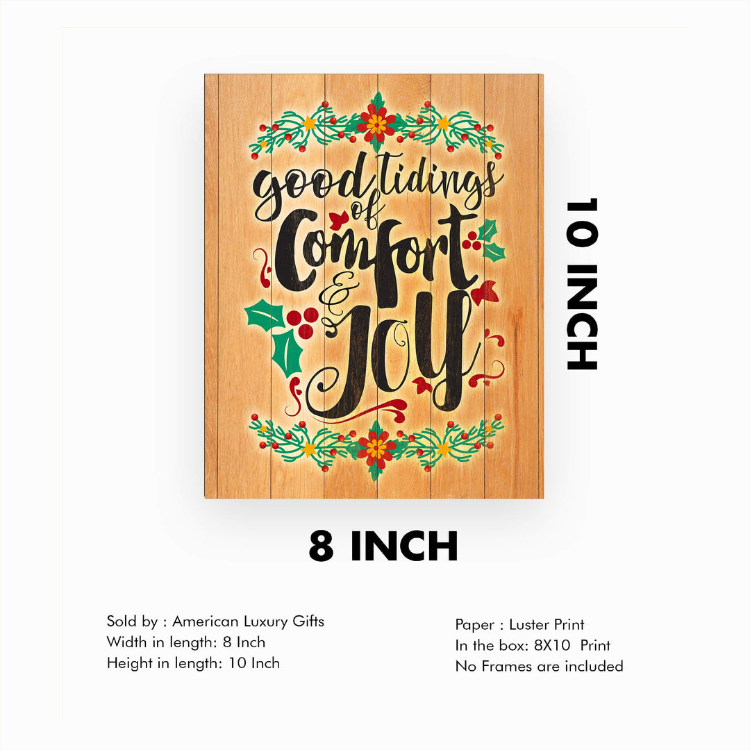 Good Tidings of Comfort and Joy Christmas Wall Sign-8x10" Christian Holiday Art on Replica Wood Design Print-Ready to Frame. Festive Home-Welcome-Kitchen-Farmhouse-Winter Decor! Printed on Paper.