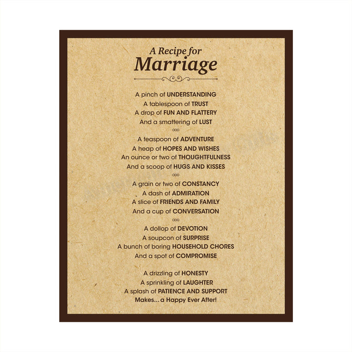 A Recipe for Marriage -Cute, Romantic Love Poem -8 x 10" Inspirational Wall Art Print-Ready to Frame. Perfect Decor for Home-Kitchen-Bridal Shower. Great Engagement-Wedding-Anniversary Gift!