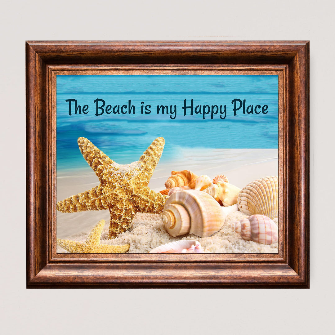 The Beach Is My Happy Place- Ocean Themed Wall Art Decor -10 x 8" Sea Shells &amp; Starfish in the Sand Picture Print -Ready to Frame. Fun Coastal Decoration for Home-Office-Beach House Decor.