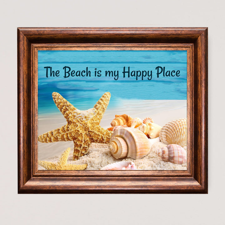 The Beach Is My Happy Place- Ocean Themed Wall Art Decor -10 x 8" Sea Shells &amp; Starfish in the Sand Picture Print -Ready to Frame. Fun Coastal Decoration for Home-Office-Beach House Decor.