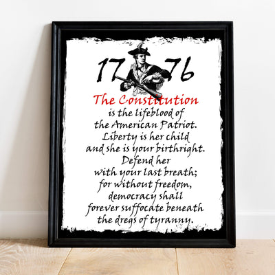 The Constitution Is the Lifeblood of the American Patriot Patriotic Wall Art -11 x 14" Motivational USA Print-Ready to Frame. Rustic Decor for Home-Office-Bar-Cave. Show Your Love of USA & Freedom!