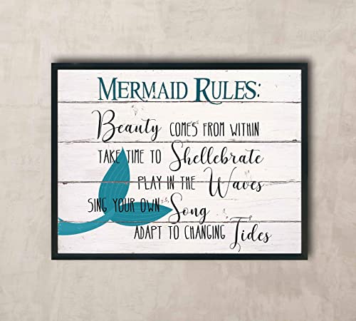 "Mermaid Rules" Inspirational Beach Wall Decor Print-Ready to Frame. -10x8"
