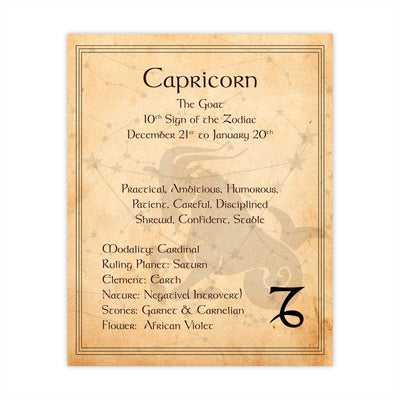 Capricorn-The Goat- Zodiac Sign Wall Art. 8 x 10" Print Wall Print-Ready to Frame. Constellation Design-Astrology Decor for Home-Office-Bedroom. Horoscope's Adjectives-Primary Elements. Great Gift!