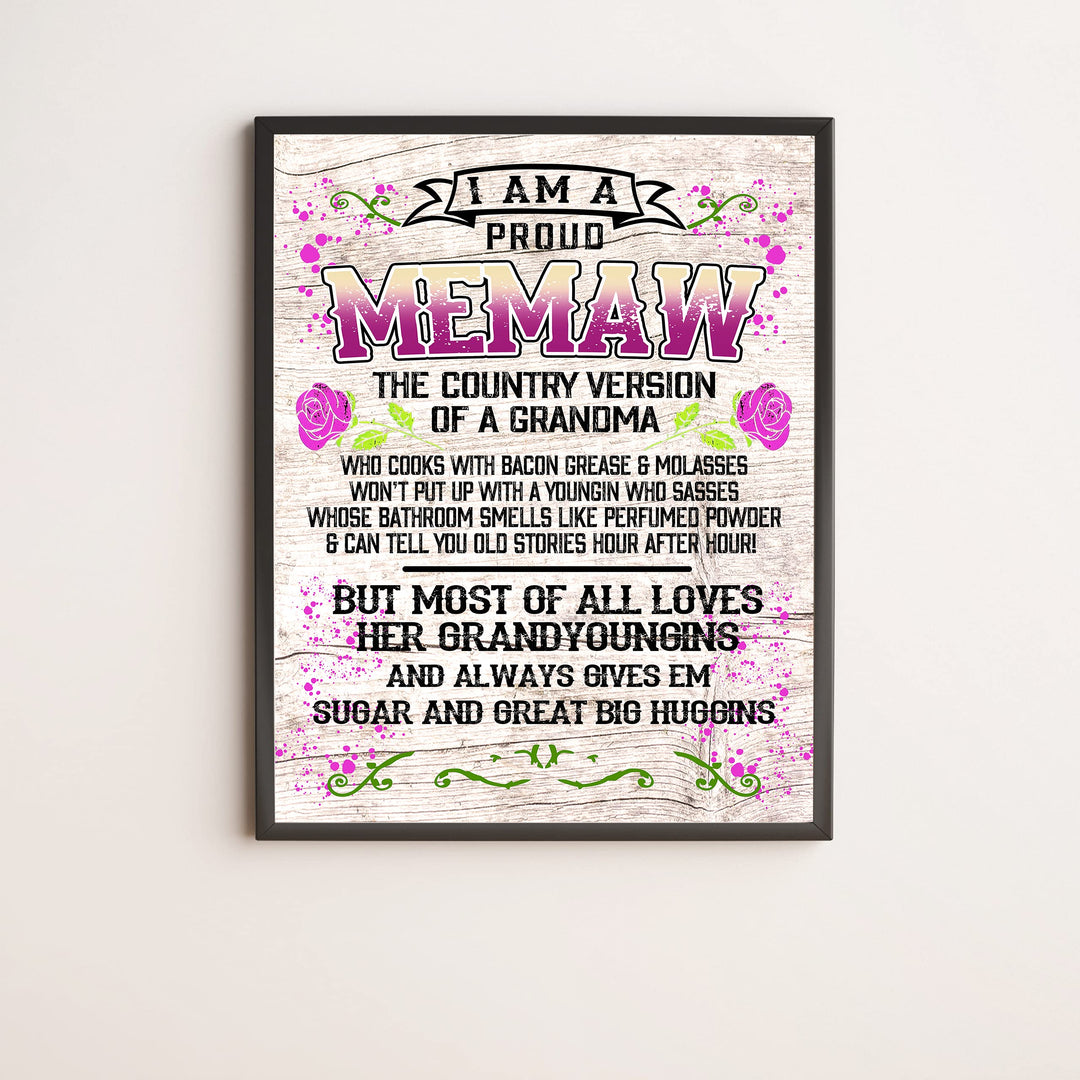 Proud Memaw-Country Version of Grandma Rustic Floral Wall Art -11 x 14" Decorative Farmhouse Print-Ready to Frame. Funny Home-Office-Welcome Decor. Great Gift for Grandmas! Printed on Photo Paper.