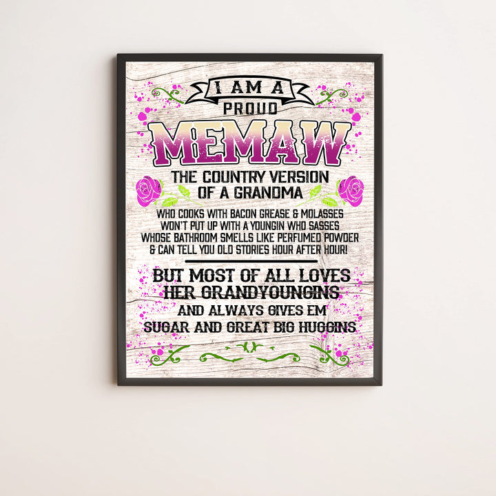 Proud Memaw-Country Version of Grandma Rustic Floral Wall Art -11 x 14" Decorative Farmhouse Print-Ready to Frame. Funny Home-Office-Welcome Decor. Great Gift for Grandmas! Printed on Photo Paper.