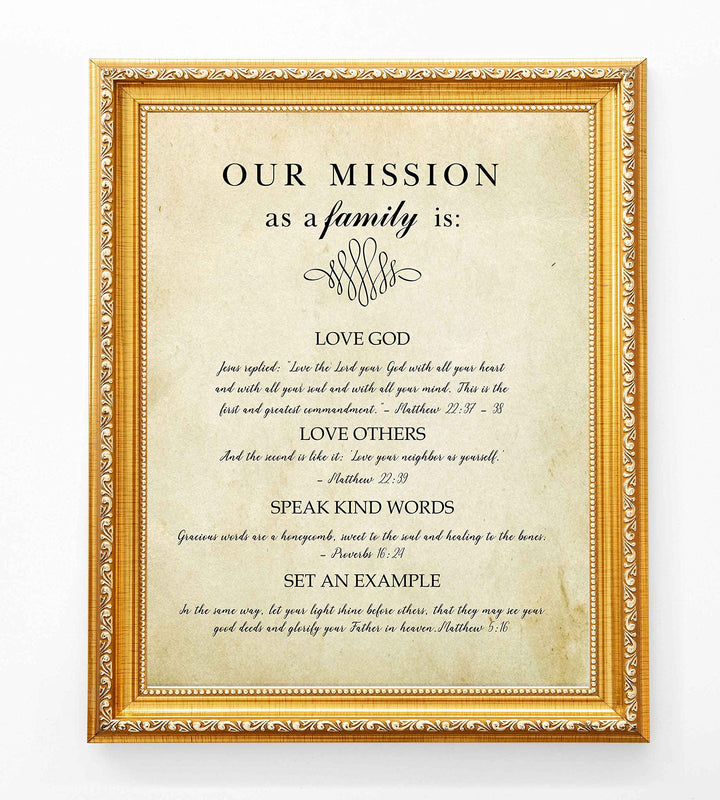 Our Mission-Bible Verse Wall Art Sign-8 x 10" Scripture Poster Print w/Replica Distressed Parchment Design-Ready to Frame. Christian Wall Decor for Home-Office-Church. Perfect Religious Keepsake!
