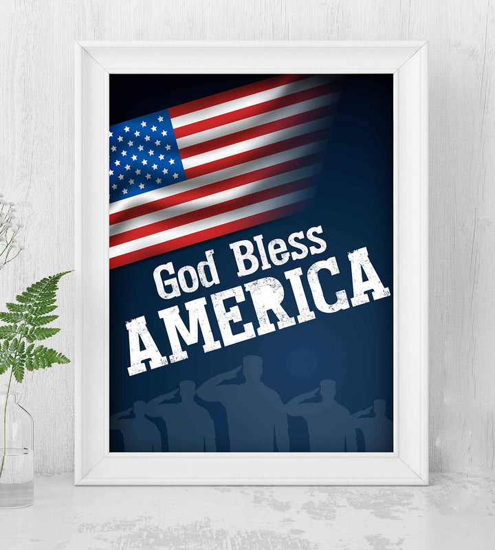 God Bless America-8 x 10" Patriotic Wall Decor-Ready To Frame. Typographic Poster Print w/American Flag &amp; Silhouette of Troops. Ideal Art Decor for Home-Office-Garage-Cave. Display Your Patriotism!