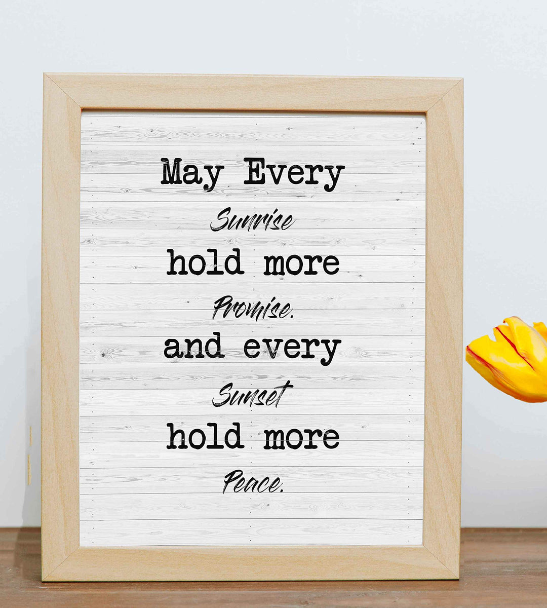May Every Sunrise Hold More Promise Rustic Wall Sign-8 x 10" Modern Typographic Art Print with Distressed White Wood Design-Ready to Frame. Perfect Home-Farmhouse-Beach-Cabin-Lake House Decor!