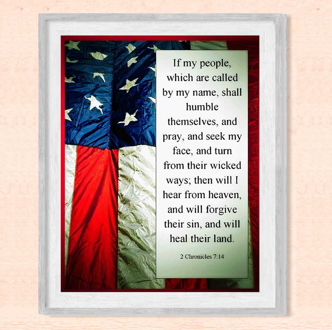 ?If My People Shall Humble Themselves &amp; Pray"-2 Chronicles 7:14-Bible Verse Wall Art -8 x 10" American Flag Scripture Print-Ready to Frame. Inspirational Home-Office-Church-Christian-Patriotic Decor!