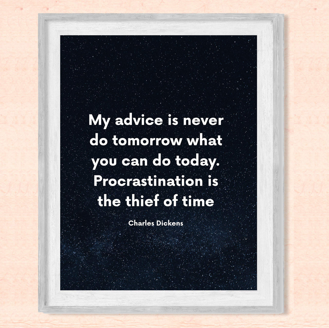 Charles Dickens-"Procrastination Is the Thief of Time"-Motivational Quotes Wall Print-8 x 10" Inspirational Starry Night Print-Ready to Frame. Classic Decor for Home-Office-Studio-Classroom-Dorm!