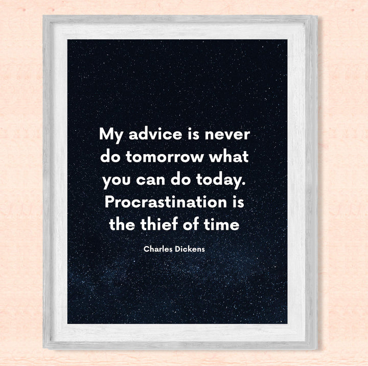 Charles Dickens-"Procrastination Is the Thief of Time"-Motivational Quotes Wall Print-8 x 10" Inspirational Starry Night Print-Ready to Frame. Classic Decor for Home-Office-Studio-Classroom-Dorm!