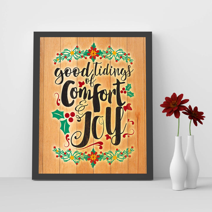 Good Tidings of Comfort and Joy Christmas Wall Sign-8x10" Christian Holiday Art on Replica Wood Design Print-Ready to Frame. Festive Home-Welcome-Kitchen-Farmhouse-Winter Decor! Printed on Paper.