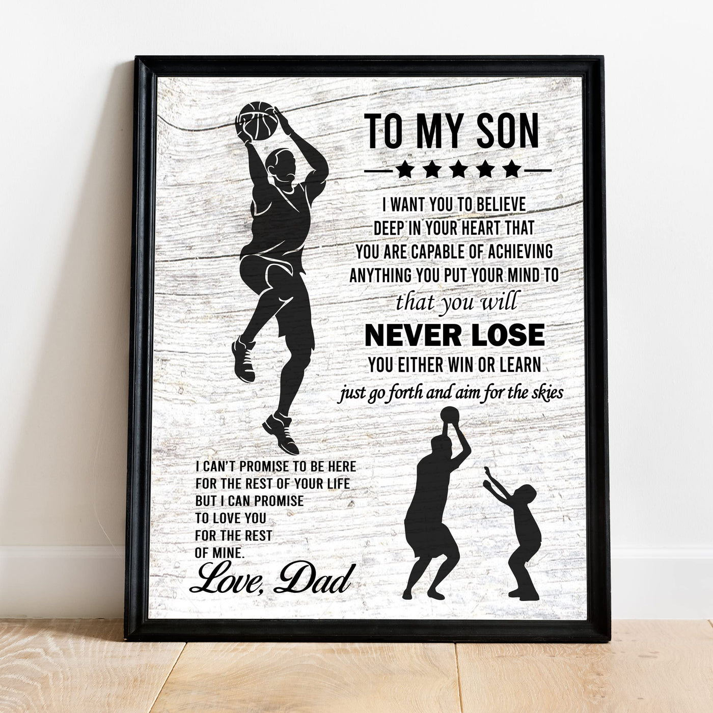 "To My Son -Never Lose- Win or Learn" Inspirational Family Wall Art Sign -11x14" Typographic Sports Poster Print -Ready to Frame. Loving Message for Any Son. Great Keepsake Gift Love Dad!