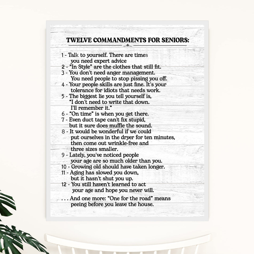 12 Commandments for Seniors Funny Inspirational Quotes -11 x 14" Vintage Sayings Wall Art Print -Ready to Frame. Rustic Wood Design Decor. Home-Kitchen-Office-Patio &amp; Gifts! Printed on Photo Paper.
