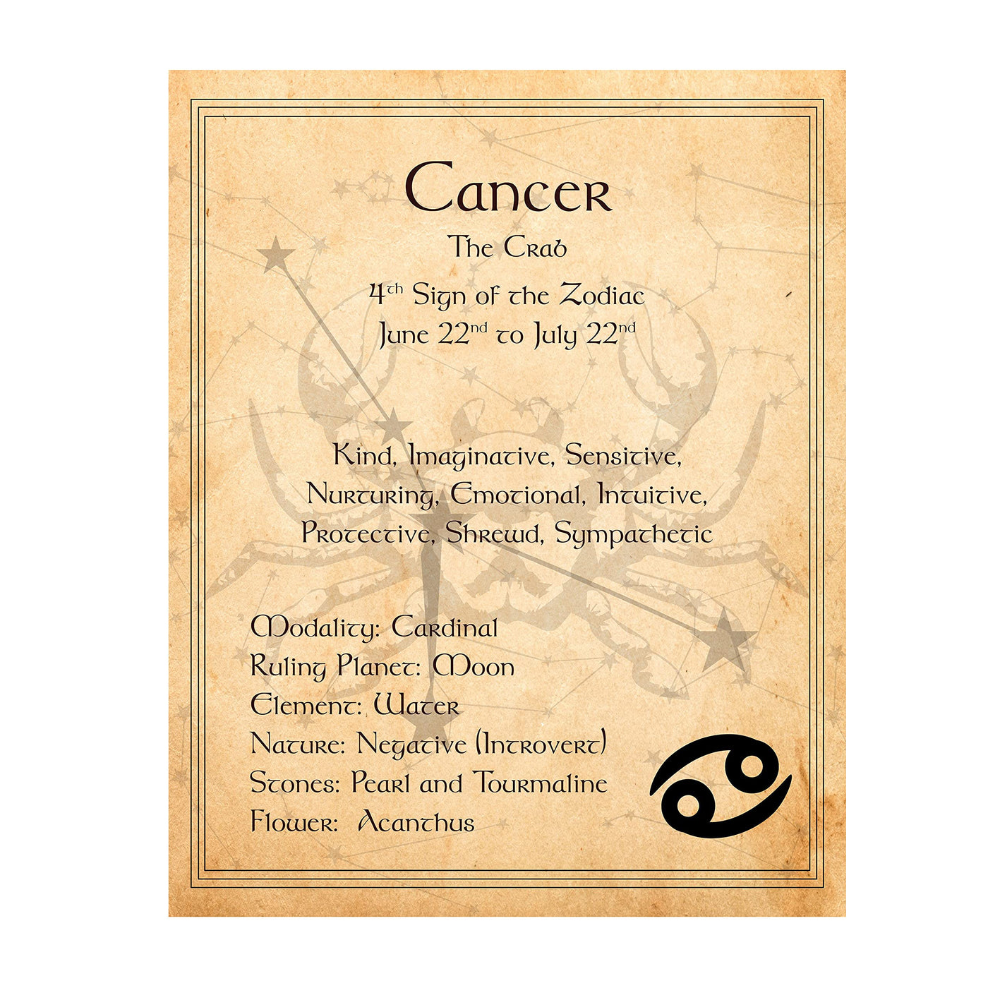 Cancer-The Crab- Zodiac Sign Wall Art. 8 x 10" Print Wall Print-Ready to Frame. Constellation Design-Astrology Decor for Home-Office-Bedroom. Horoscope's Adjectives-Primary Elements. Great Gift!