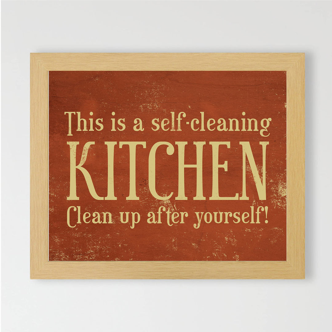 This Is a Self-Cleaning Kitchen Funny Rustic Wall Sign -10x8" Country Farmhouse Art Print w/Replica Wood Design-Ready to Frame. Humorous Home-Kitchen-Office Decor. Fun Gift! Printed on Photo Paper.