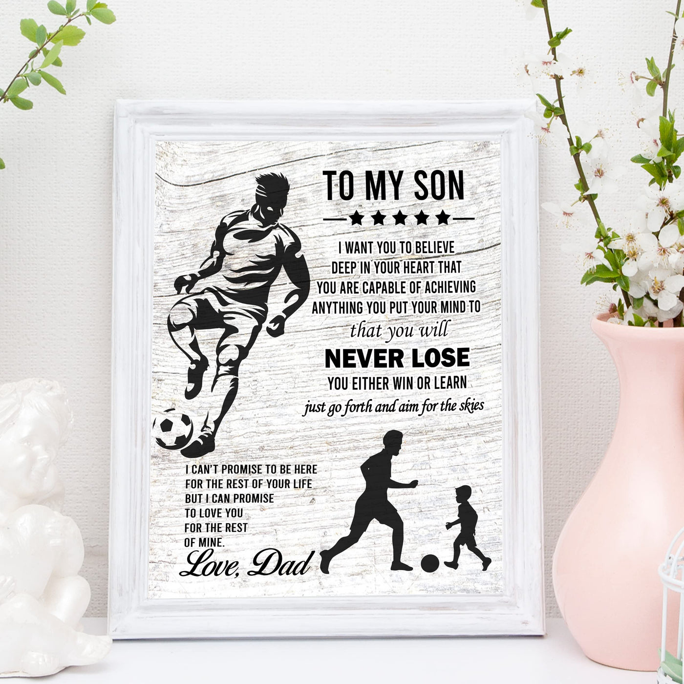 "To My Son -Never Lose- Win or Learn" Inspirational Family Wall Art Sign -11x14" Typographic Sports Poster Print -Ready to Frame. Loving Message for Any Son. Great Keepsake Gift Love Dad!