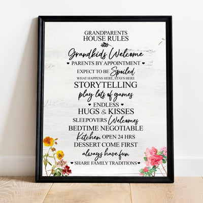 Grandparents House Rules Family Wall Art -11 x 14" Funny Typographic Poster Print-Ready to Frame. Inspirational Floral Decoration Home-Kitchen-Farmhouse Decor. Perfect Gift for Grandma & Grandpa!