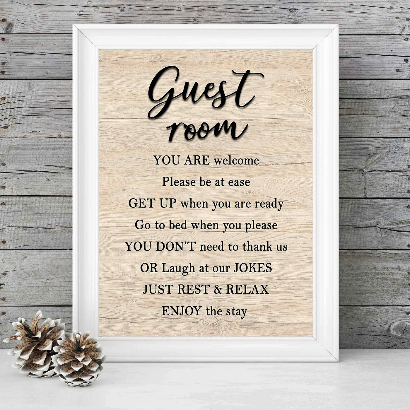 Guest Room-Enjoy The Stay- Welcome Sign Wall Art -8 x 10" Country Rustic Print with Replica Wood Design-Ready to Frame. Home-Guest Room-B&B-Cabin-Lake House-Beach Decor. Printed on Paper-Not Wood.