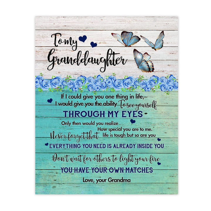 To My Granddaughter - Love Grandma Inspirational Love &amp; Family Wall Sign -11 x 14" Floral Butterfly Art Print w/Heart Images -Ready to Frame. Home-Bedroom Decor. Keepsake Gift for Teens &amp; Girls!