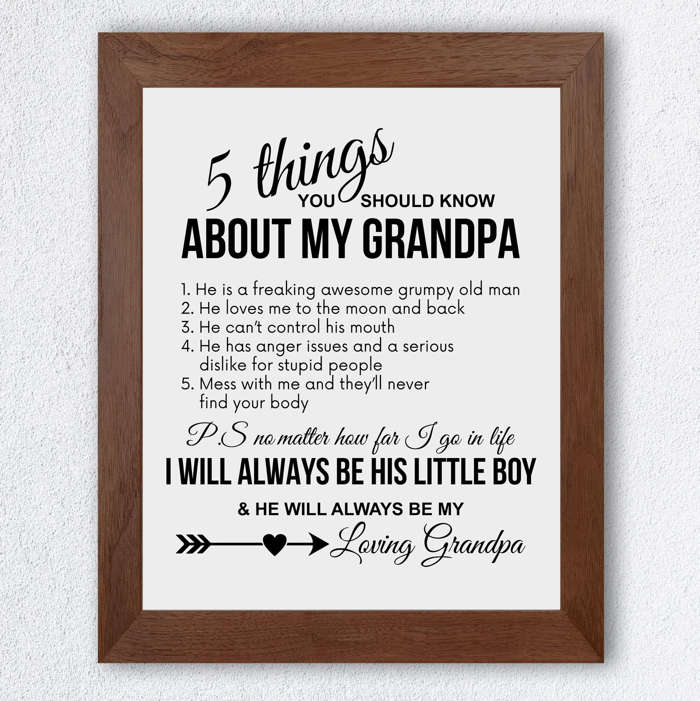 5 Things to Know About My Grandpa Funny Family Wall Decor Sign -8 x 10" Rustic Inspirational Farmhouse Print -Ready to Frame. Home-Boys Bedroom-Family Room Decor. Great Papa Gift for All Grandsons!