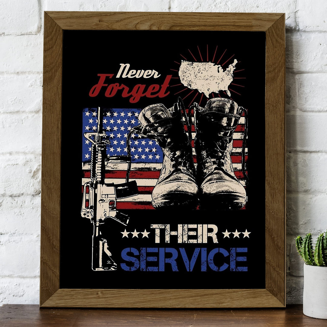 Never Forget Their Service-American Flag Wall Art -8 x 10" Patriotic US Military Print -Ready to Frame. Home-Office-Garage-Bar-Shop-Man Cave Decor. Great Gift of Gratitude for Military-Veterans!