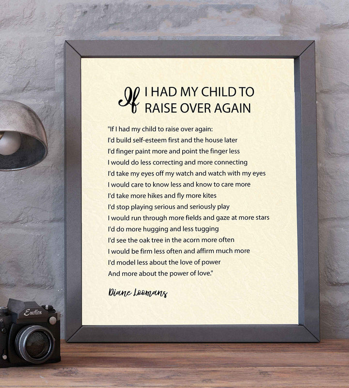 ?If I Had My Child To Raise Over Again?-Diane Loomans Quotes Wall Art -8 x 10" Modern Poster Print-Ready to Frame. Inspirational Home-Office-School Decor. Positive Advice to Inspire Family Time!