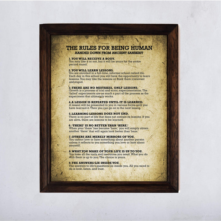 The Rules for Being Human Motivational Quotes Wall Sign-11 x 14" Inspirational Distressed Poster Print-Ready to Frame. Positive Home-Office-School-Studio Decor. Perfect Life Lessons for All!