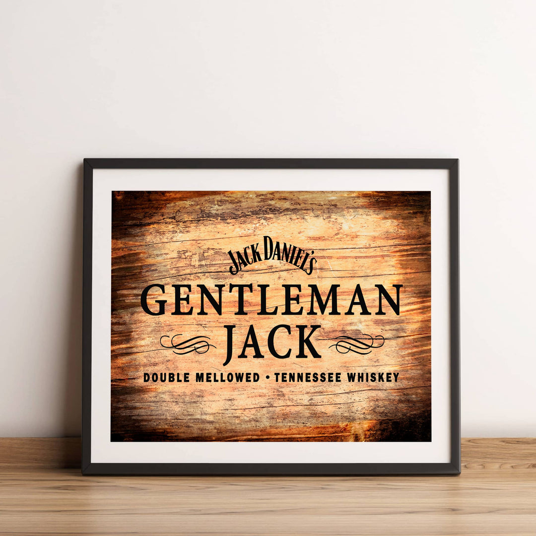 "Gentleman Jack"- Tennessee Bourbon Whiskey Wall Art - Rustic Wood Design Alcohol Print -Ready to Frame. Home-Kitchen-Bar-Man Cave Decor. Great Gift for All Liquor Drinkers!