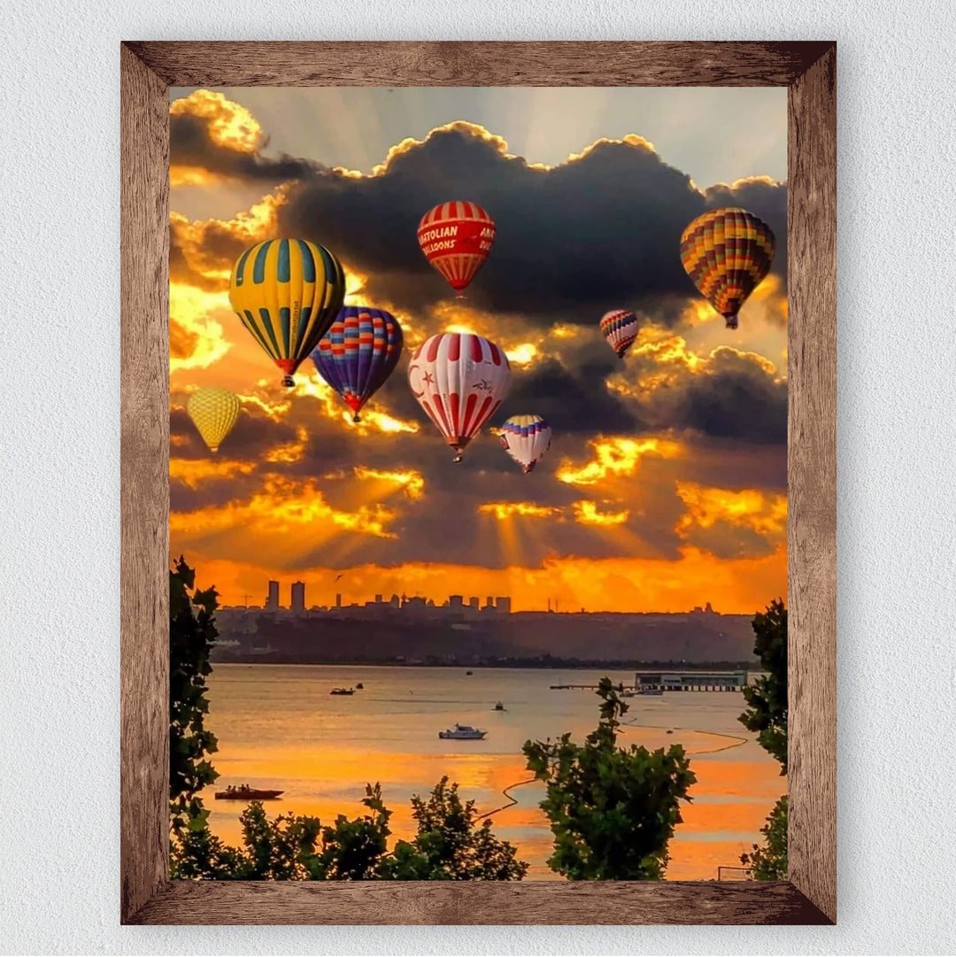 Hot Air Balloons Over the Ocean- 8 x 10" Picture Print Wall Art -Ready to Frame. Cloudy Sunrise with Balloons Over the Sea. Perfect Decor for Home-Office-Classroom. Great Gift for Flight Enthusiasts!