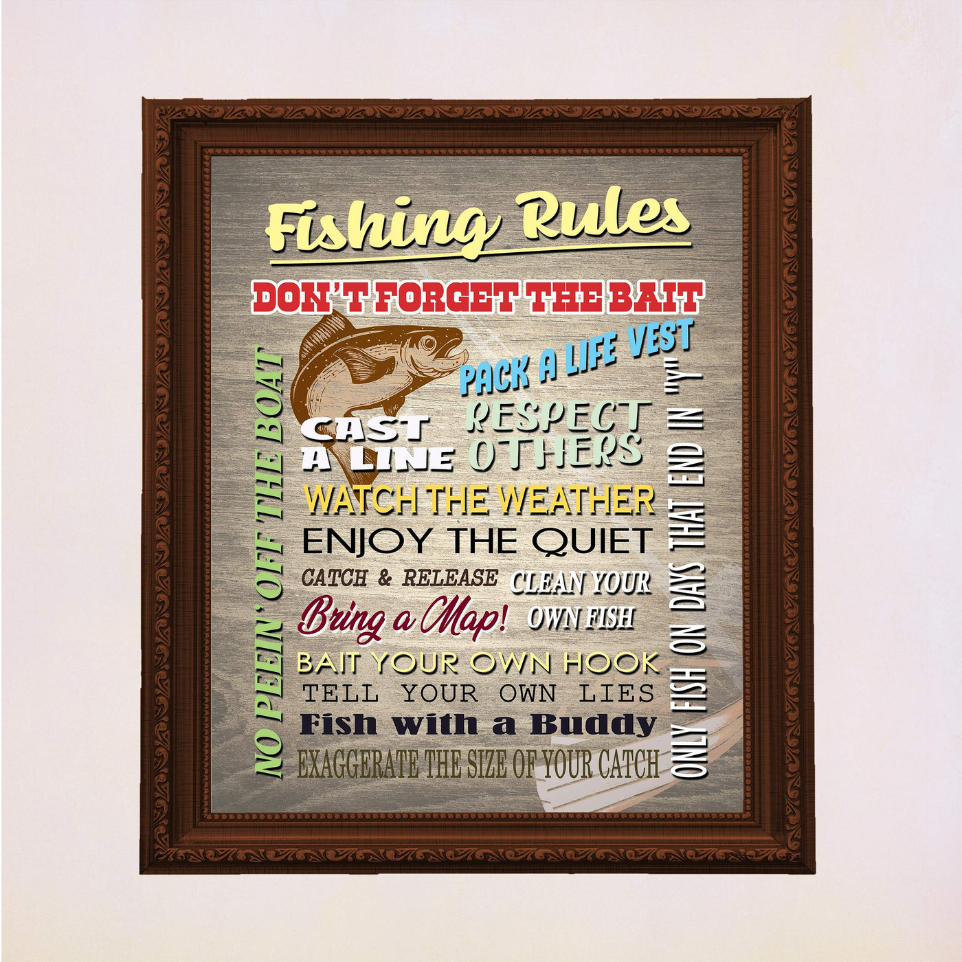 Fishing Rules-Don't Forget the Bait Rustic Fishing Wall Art Sign-11 x 14" Distressed Wood Replica Print-Ready to Frame. Perfect Wall Decor for Home-Office-Cabin-Lodge-Lake. Great Father's Day Gift!