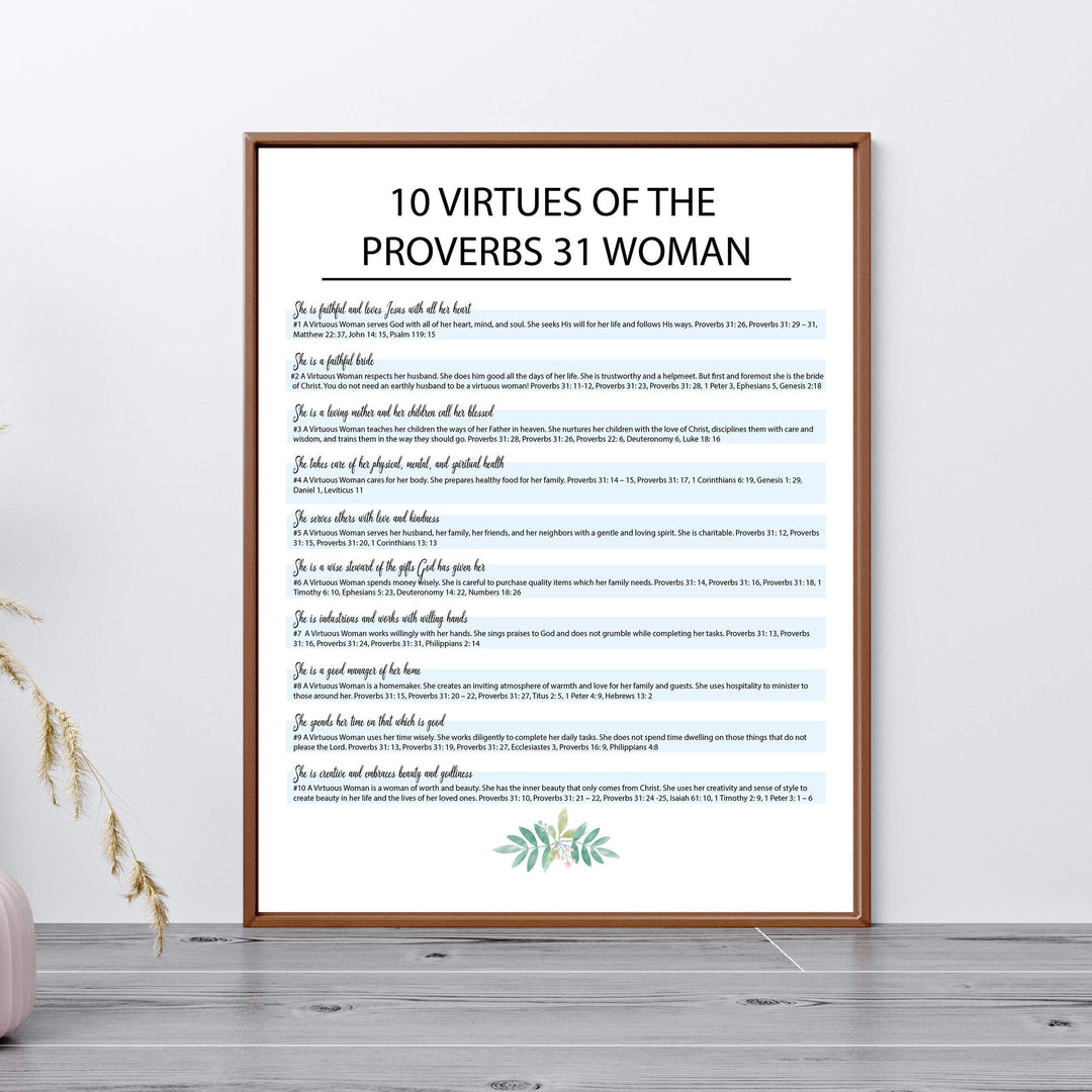 Ten Virtues of the Proverbs 31 Woman-Bible Verse Wall Art Sign -11 x 14" Scripture Wall Print-Ready to Frame. Inspirational Home-Office-Church Decor. Great Religious Gift for Christian Women!
