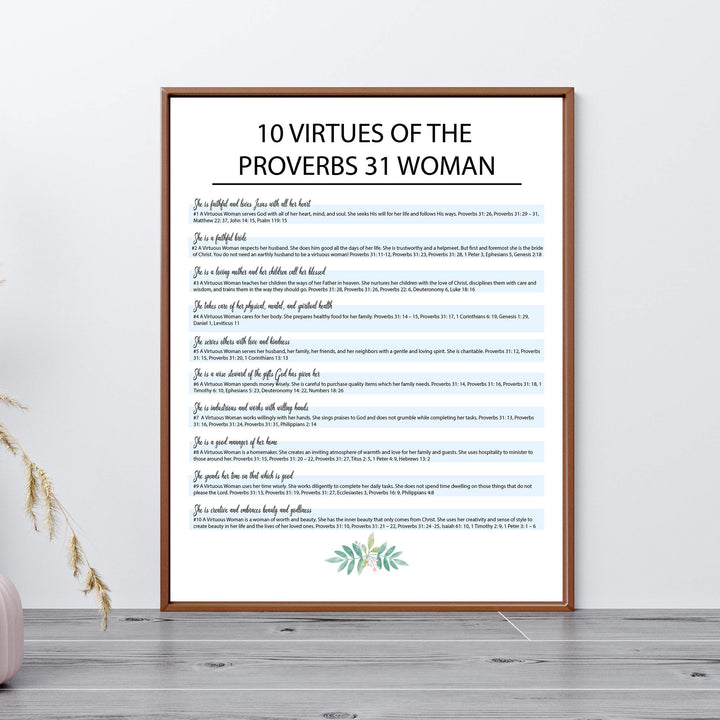 Ten Virtues of the Proverbs 31 Woman-Bible Verse Wall Art Sign -11 x 14" Scripture Wall Print-Ready to Frame. Inspirational Home-Office-Church Decor. Great Religious Gift for Christian Women!