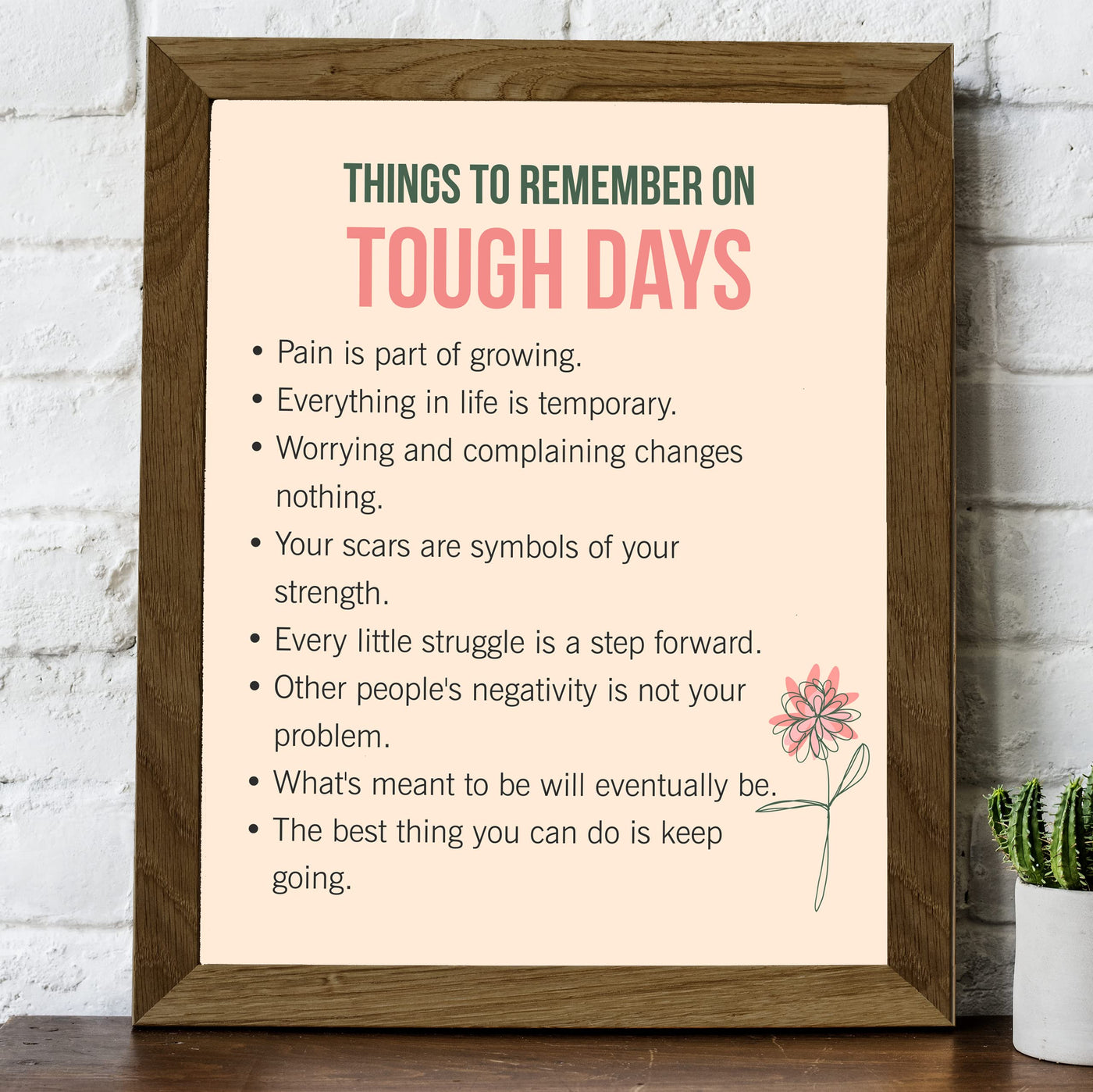 Things to Remember on Tough Days Inspirational Quotes Wall Art Sign -8 x 10" Pink Floral Wall Print -Ready to Frame. Motivational Home-Office-Classroom-Library-Positive Decor Gifts & Reminders!