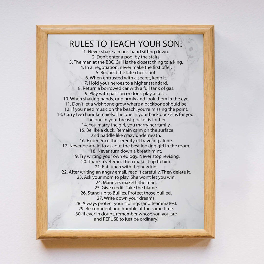 Rules To Teach Your Son Motivational Family Wall Art Sign -11 x 14" Modern Typographic Wall Decor-Ready to Frame. Fun &amp; Inspirational Keepsake for Any Son. Great Graduation Gift!