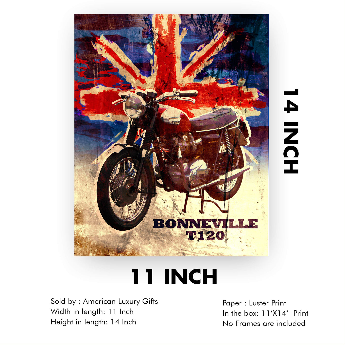 Triumph Bonneville T120 Motorcycle-Vintage Poster Print-11 x14" Retro Wall Decor-Ready to Frame. Home-Office-Bar-Cave Decor. Perfect Sign for the Garage-Shop. Great Motorcycle-Automotive Gift!